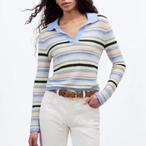 Madewell Textural-Stitch Johnny Collar Sweater Women’s Small Peri Blue Stripe